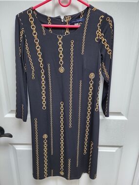 Tommy Hilfiger Black Dress with Gold Chain Print, 3/4 Sleeve